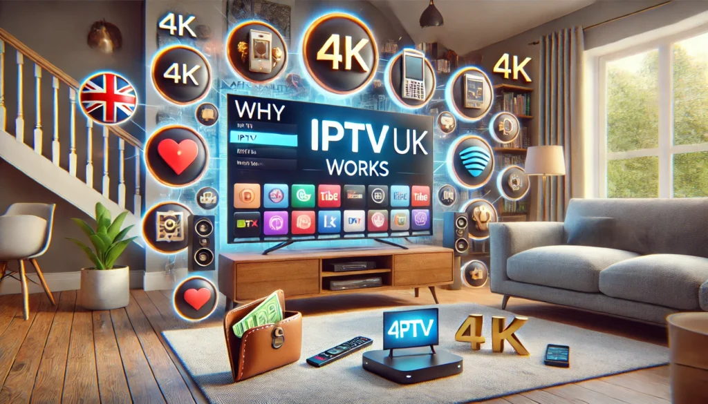 Why IPTV UK Works with a modern living room setup and key benefits illustrated